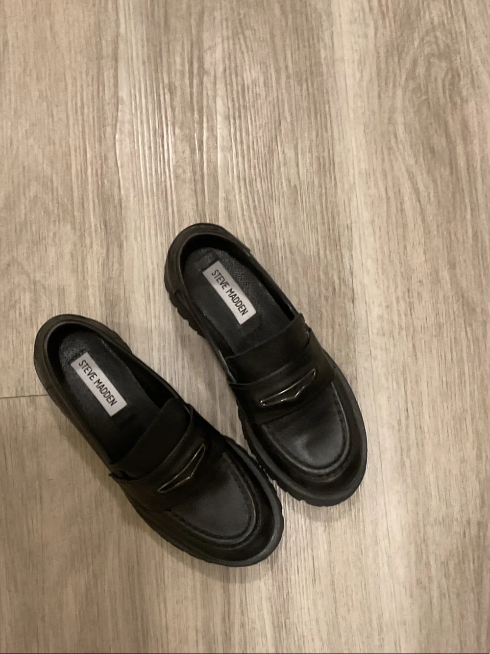 Steve Madden Black Leather Lug-Sole Penny Loafers